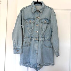 Medium Denim Long Sleeve High Waist Romper- Button Up Shorts- Western Bohemian